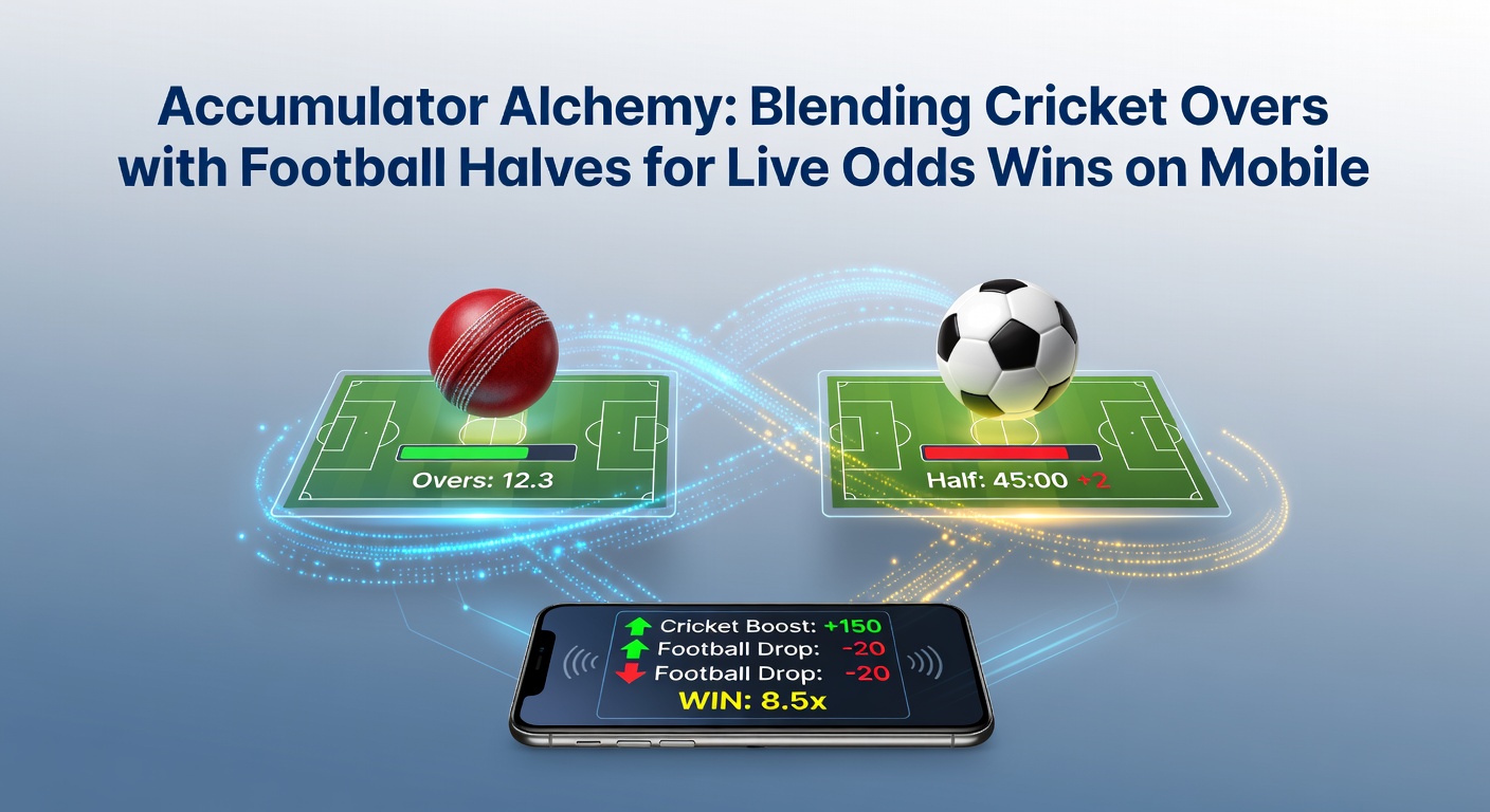 Mobile screen displaying live accumulator bet combining cricket overs and football halves with shifting odds