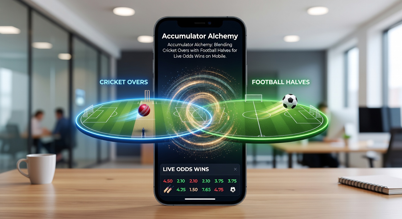 Split-screen mobile view of cricket over live odds and football half-time stats in an accumulator bet