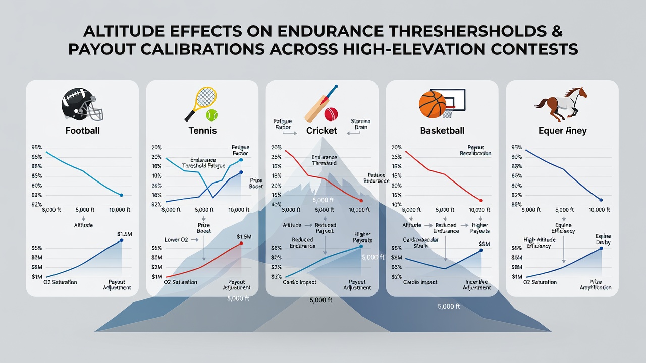 Athletes and horses competing at high altitude venues with visible endurance challenges in football, tennis, cricket, basketball and racing events