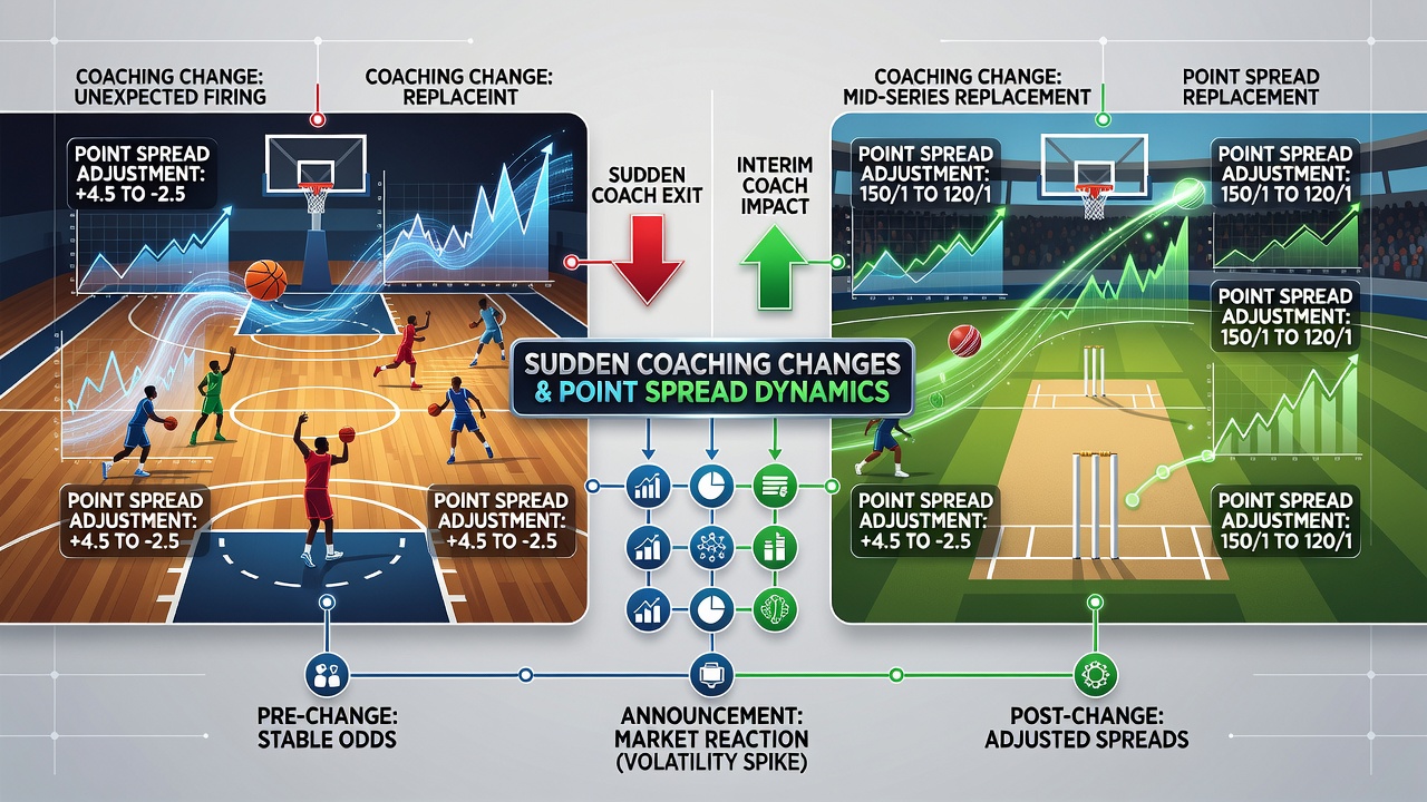 Mobile screen showing cricket and basketball point spread fluctuations after coaching announcements with live data overlays