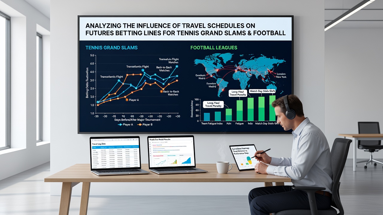 Analysis dashboard in a mobile app showing travel distance impacts on football tournament futures odds