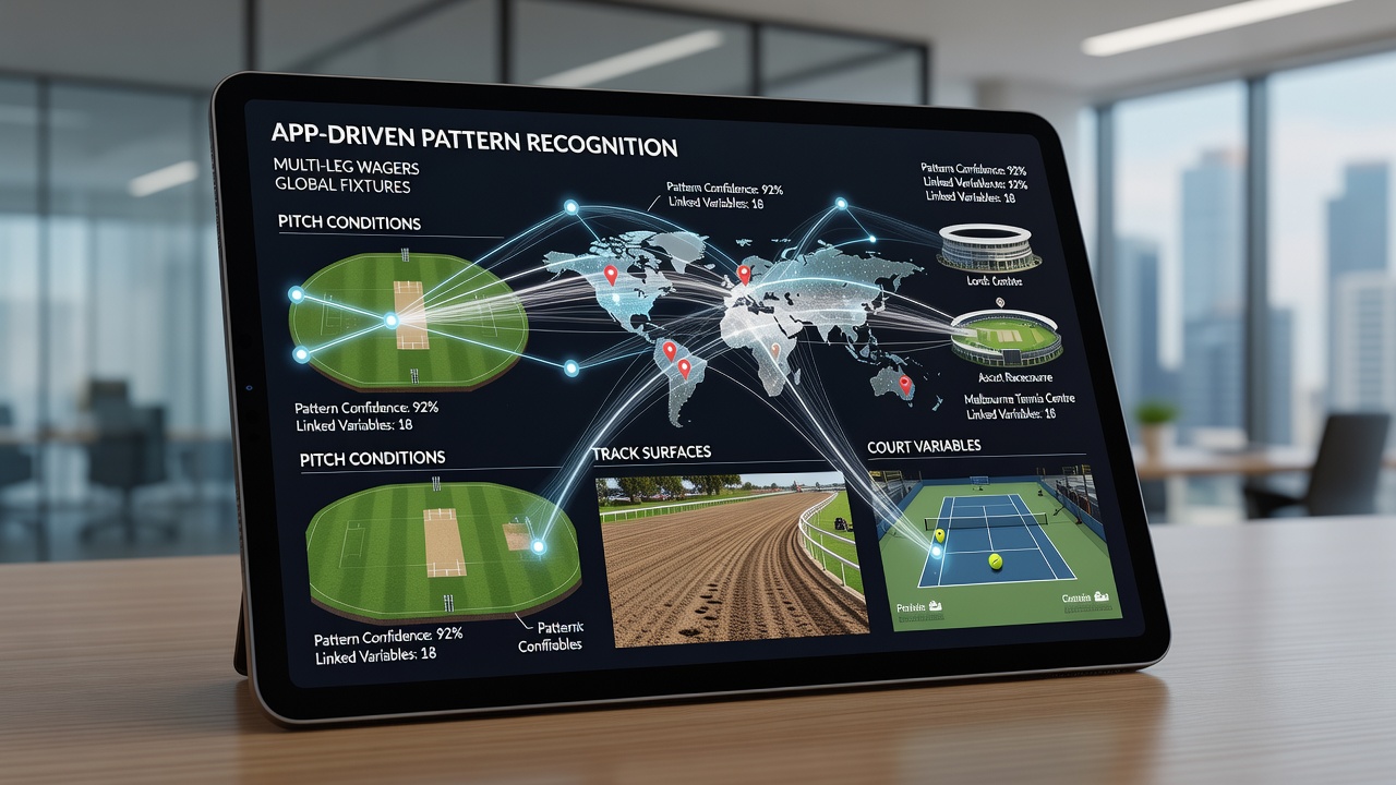 Mobile app interface displaying real-time data overlays on pitch conditions, track surfaces, and tennis court variables for multi-leg wager analysis