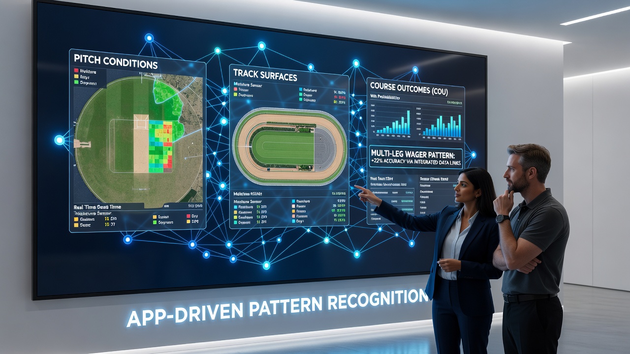 Dashboard view of pattern recognition outputs connecting football pitch data, horse racing track metrics, and tennis court variables in accumulator construction