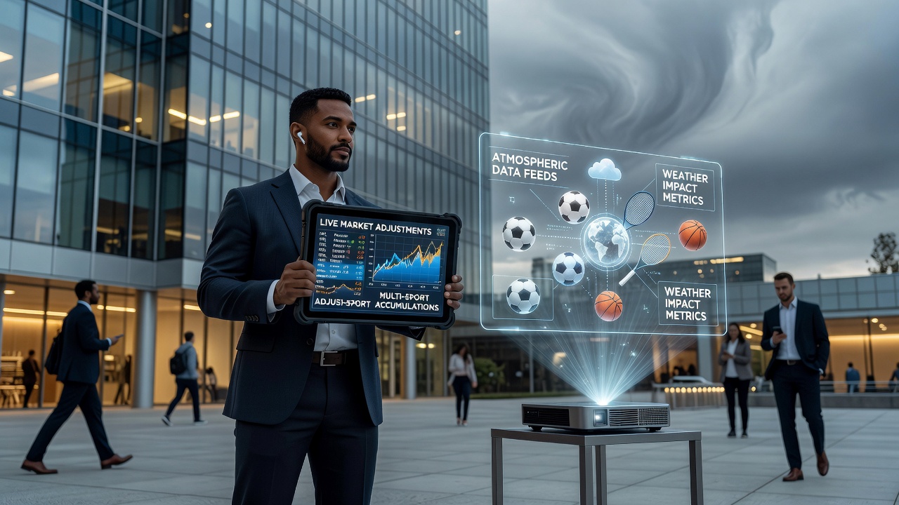 Athletes competing under varying weather conditions with overlaid real-time odds adjustment graphics on a mobile screen