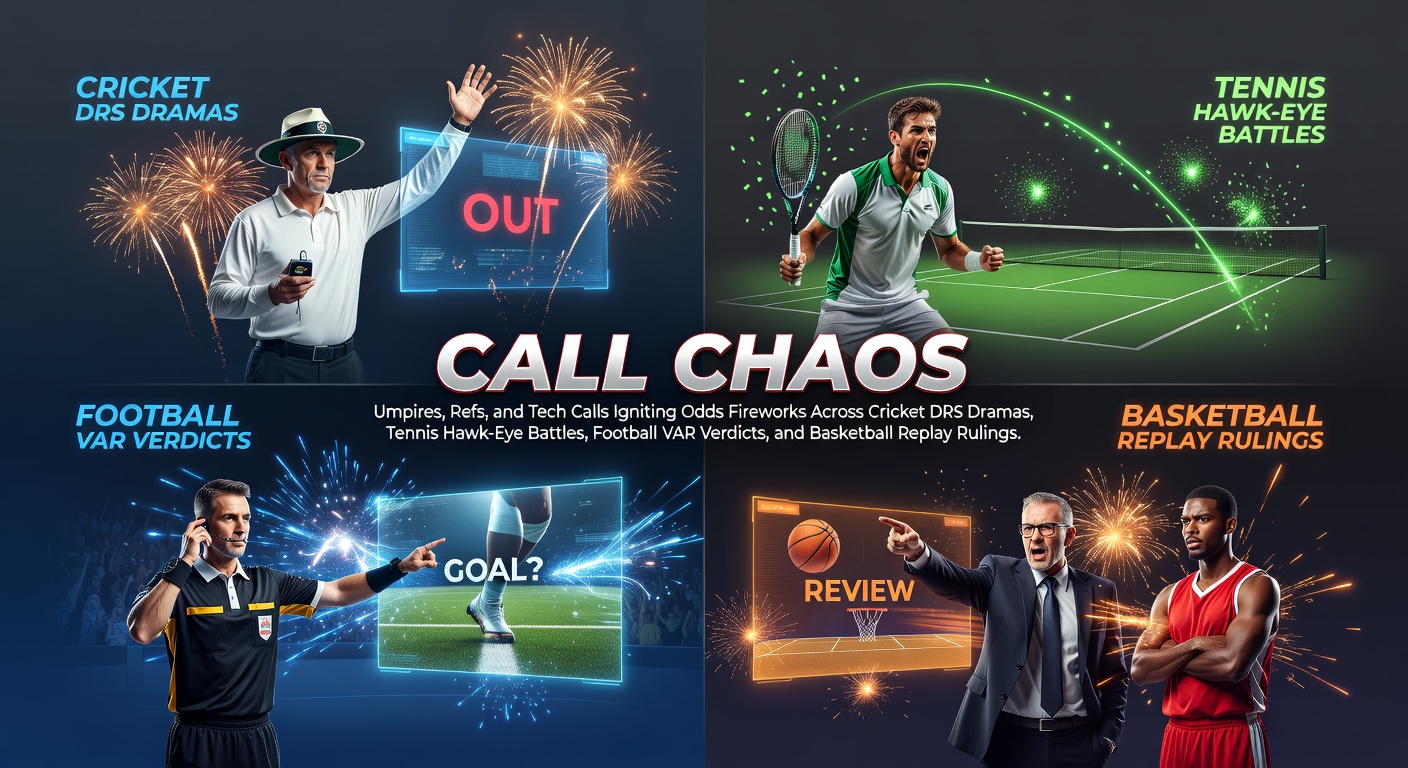 Cricket umpire signals for DRS review as players watch the big screen, with odds fluctuating in real-time overlays