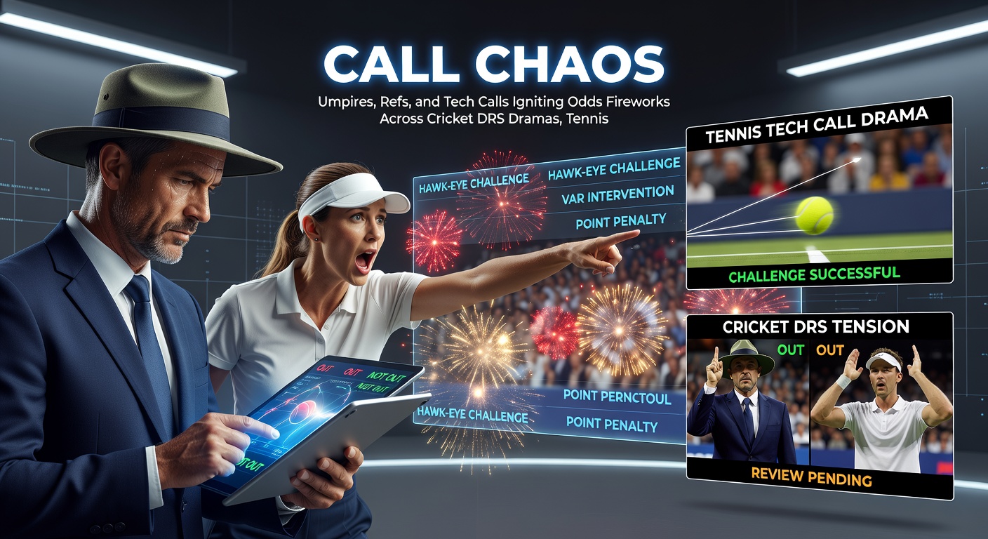 Tennis player challenges line call with Hawk-Eye replay on stadium screen, crowd reacting as odds boards update live