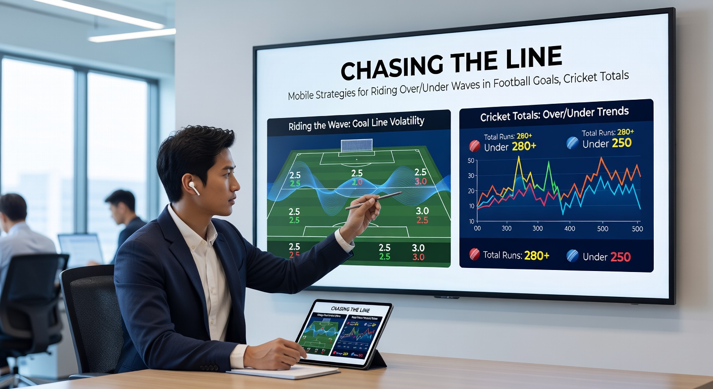 Cricket scoreboard on a mobile app showing over/under totals adjusting live during a high-scoring innings, with run-rate graphs overlaid
