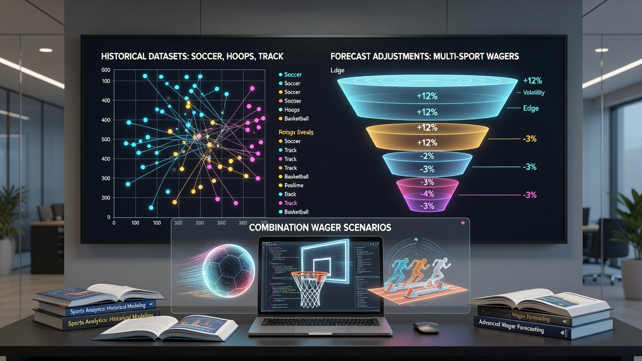 Analysts reviewing historical sports data charts for soccer, basketball and track events on multiple screens