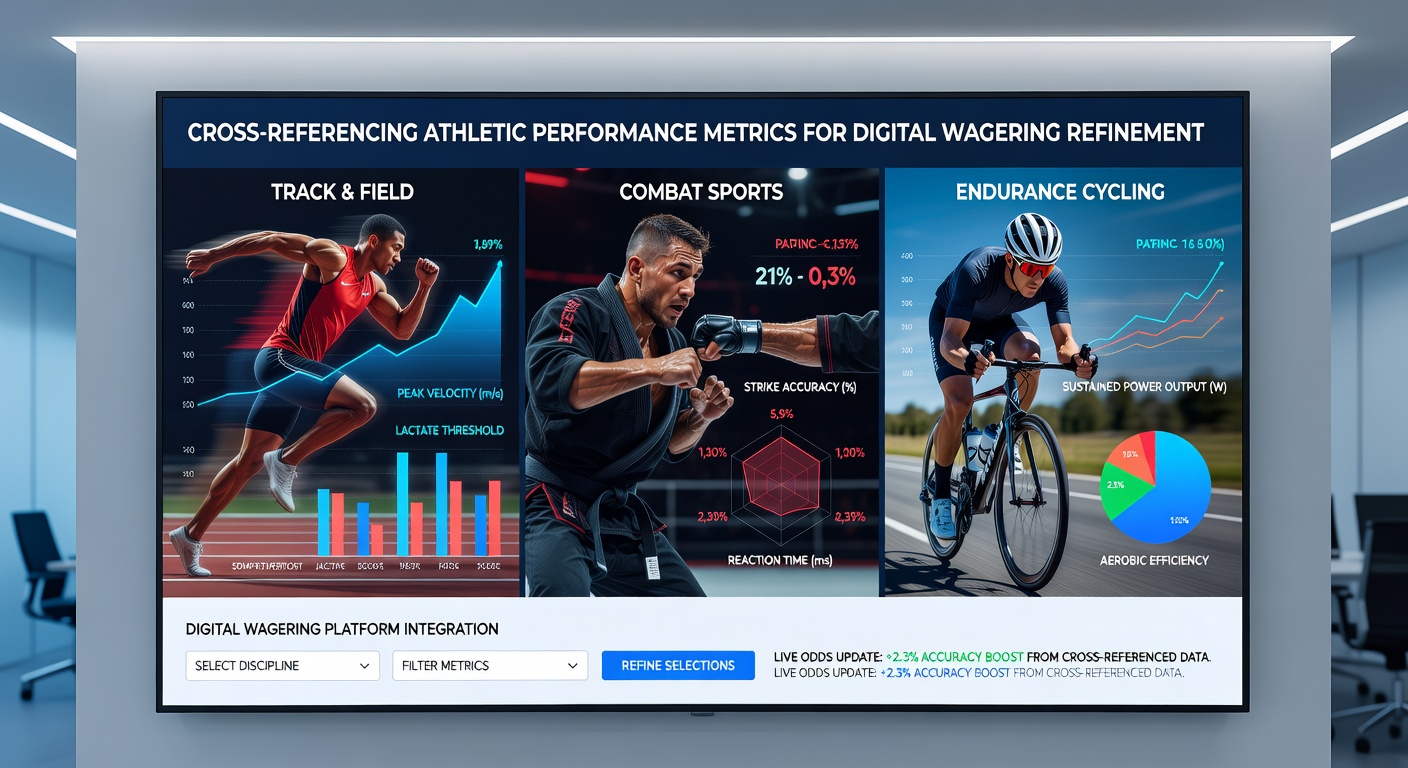 Athletes from running, swimming and weightlifting disciplines displayed alongside digital wagering interface showing cross-referenced stats