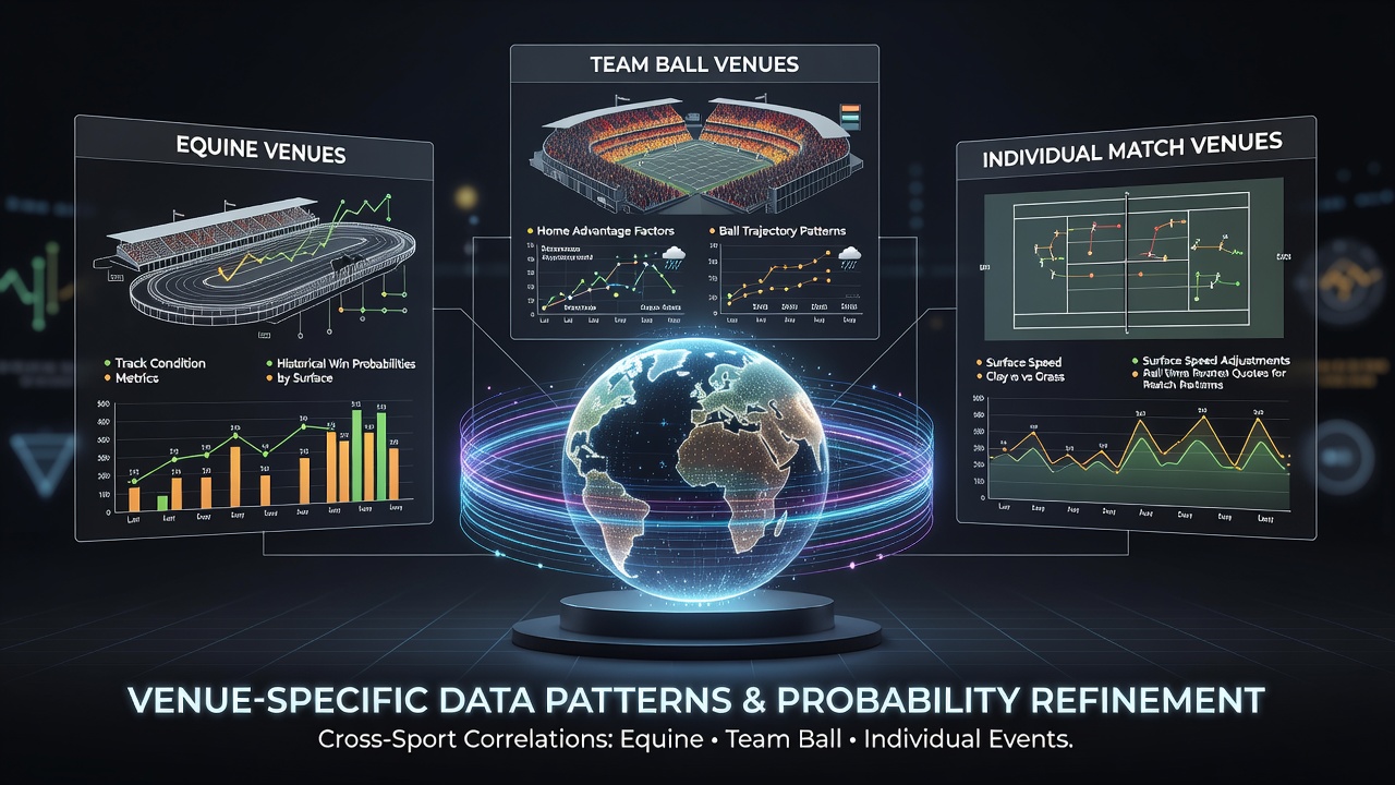 Venue data patterns across equine racing tracks, football pitches and tennis courts showing cross-sport correlations for probability refinement