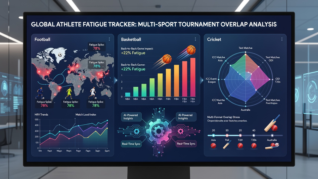 Digital dashboard displaying real-time fatigue metrics from athletes in football, basketball, and cricket during overlapping tournament schedules