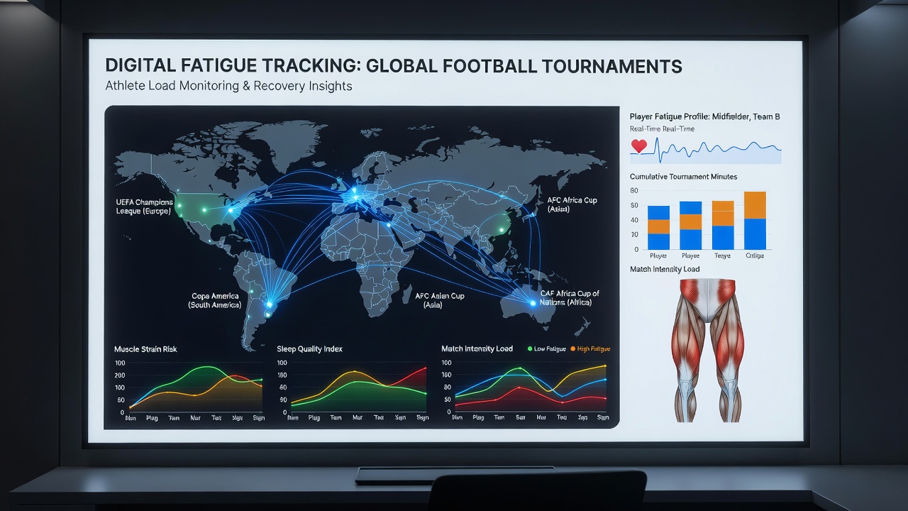 Athletes wearing sensor vests and wrist devices during a multi-sport training camp with fatigue analysis graphs overlaid