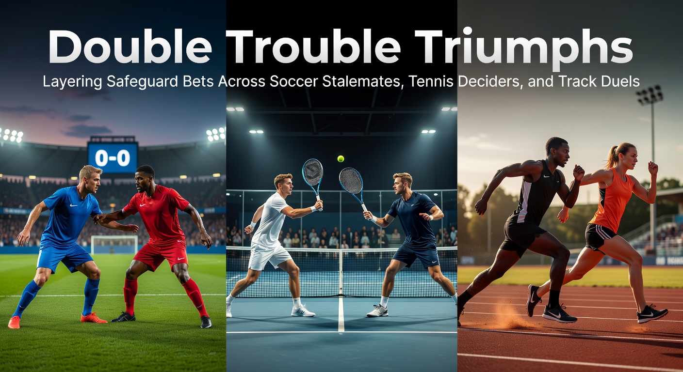 Soccer teams locked in a tense stalemate, tennis players battling a decider set, and sprinters neck-and-neck in a track duel, illustrating layered safeguard betting opportunities