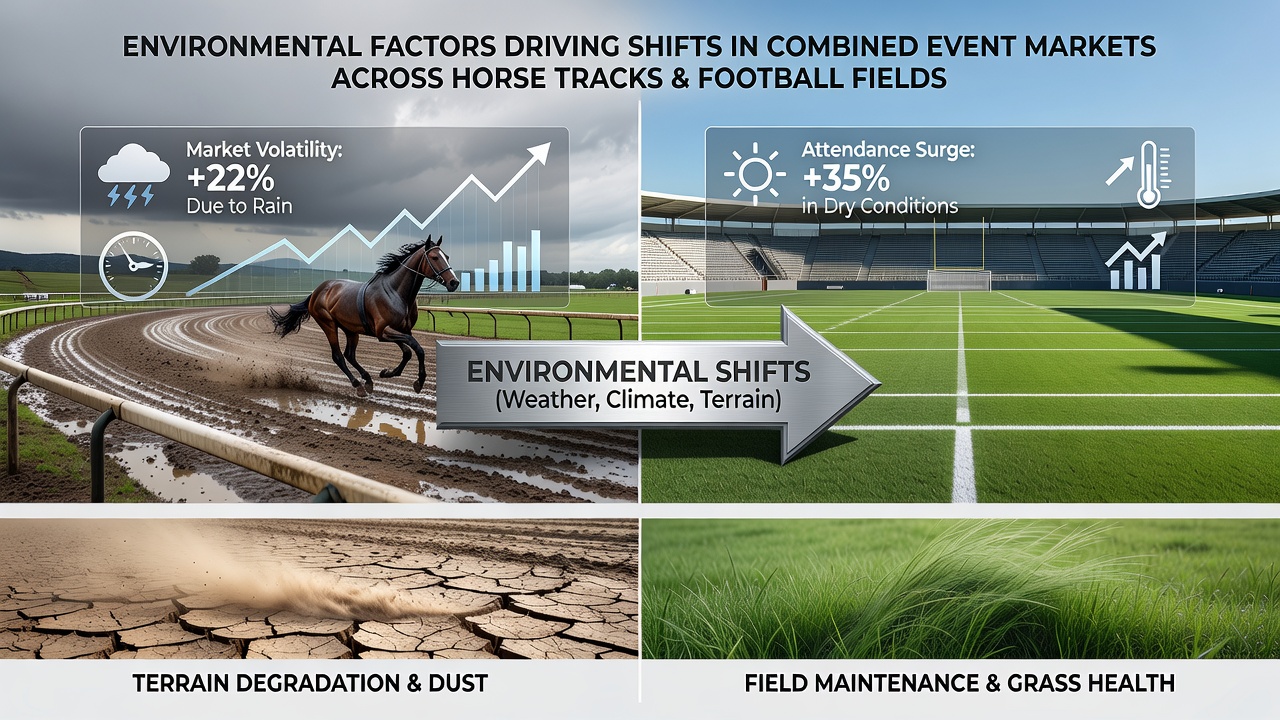 Split-screen view of weather sensors on a horse track, football pitch, and tennis court feeding data into a mobile accumulator builder interface