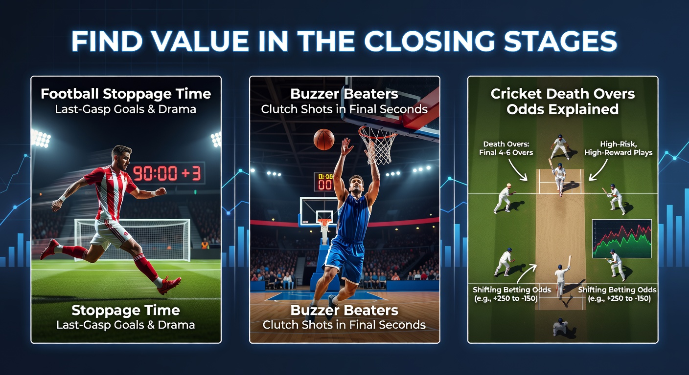 A tense football match clock ticking into stoppage time with players pushing forward, a basketball player launching a buzzer-beater shot, and a cricket bowler delivering in the death overs under stadium lights