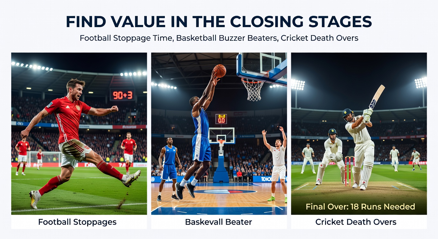 Close-up action of a basketball buzzer-beater arcing toward the hoop, football players scrambling in stoppage time chaos, and a cricket batsman smashing a death-over delivery for six