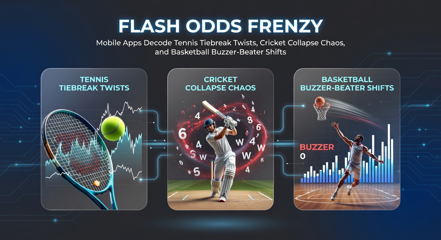 Mobile app screen showing rapid odds changes during a tennis tiebreak, with graphs spiking on cricket collapse and basketball buzzer-beater moments