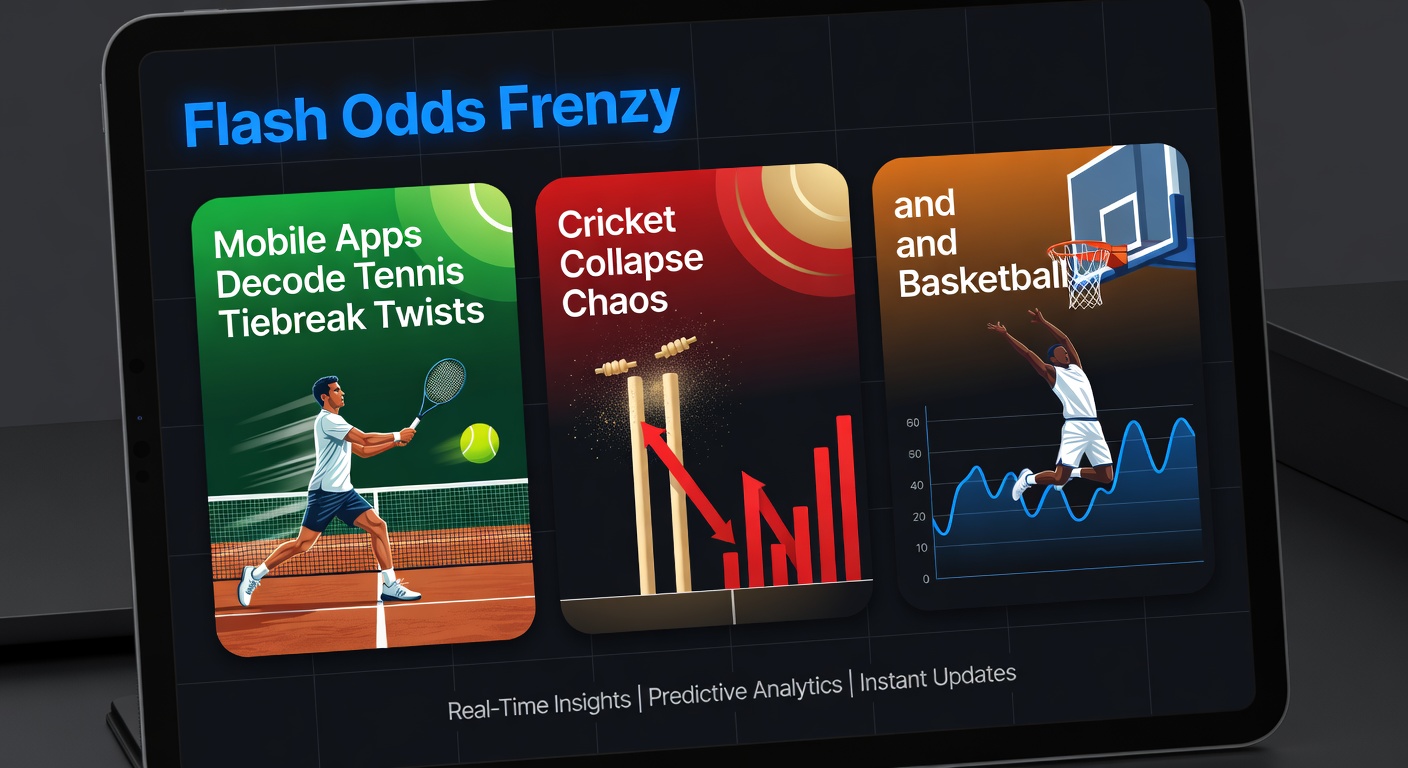 Graph of cricket batting collapse with plummeting odds line, overlaid on a mobile app interface showing live alerts during a rapid wicket fall