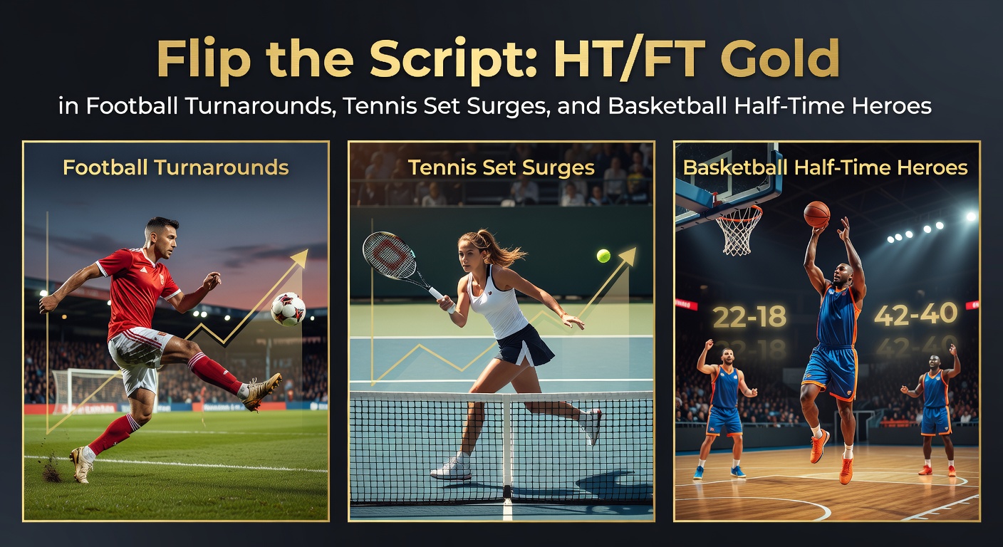 A dramatic football match showing a team celebrating a late turnaround goal, with the scoreboard flipping from trailing at half-time to leading at full-time