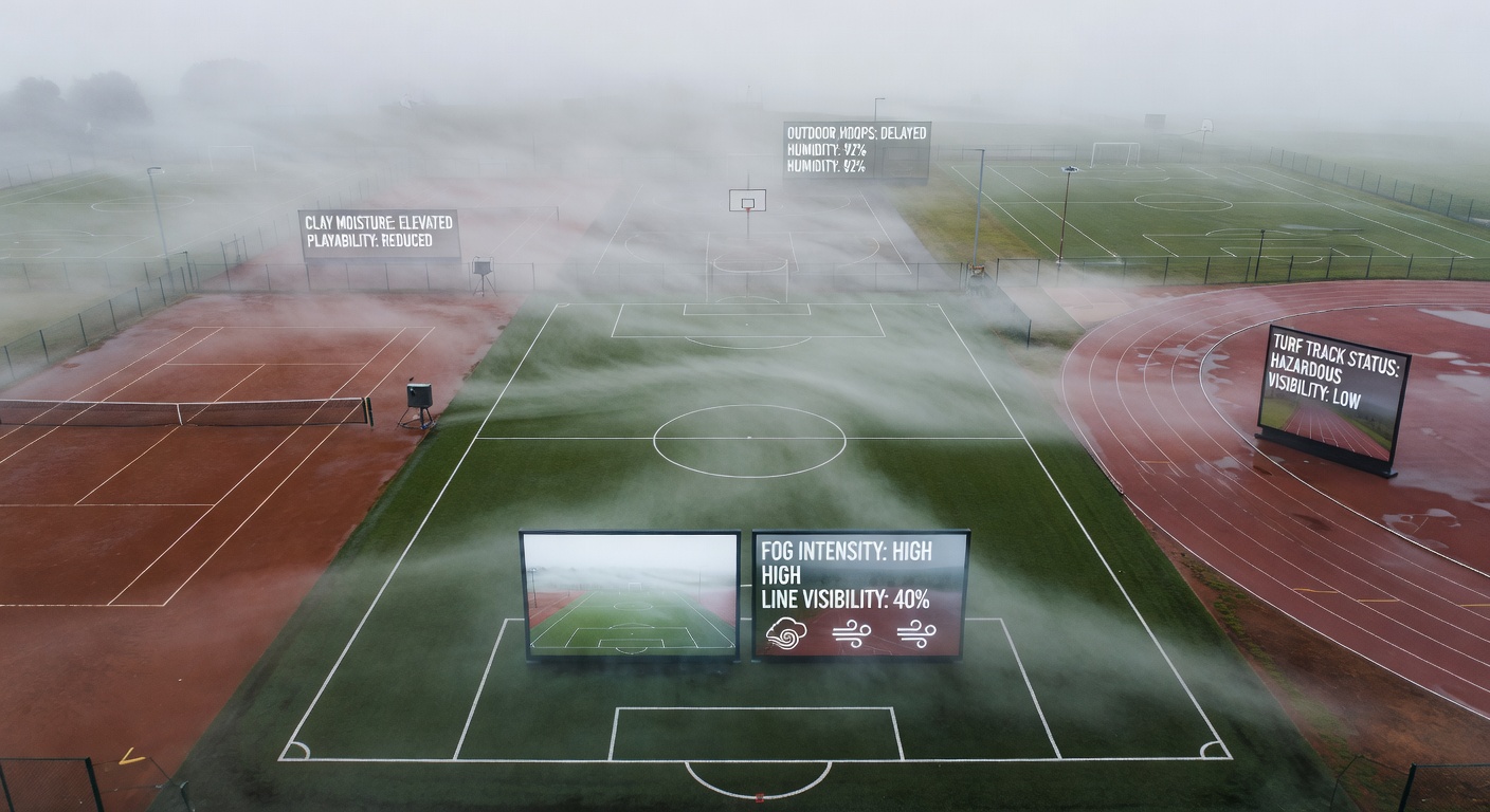 Dense fog enveloping a soccer pitch during a night match, with players barely visible and officials signaling delays
