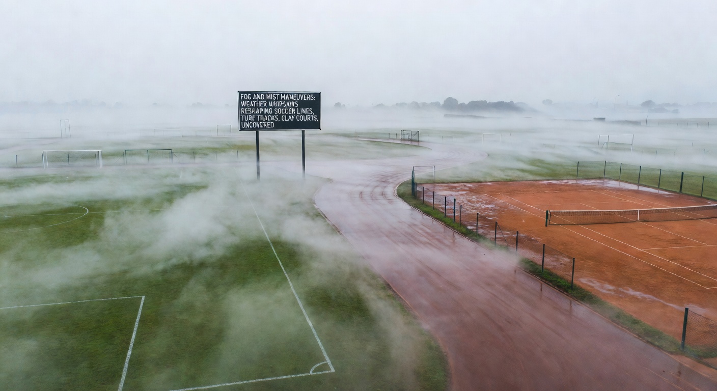 Horse racing on a misty turf track at dawn, jockeys leaning forward amid swirling fog near the rails