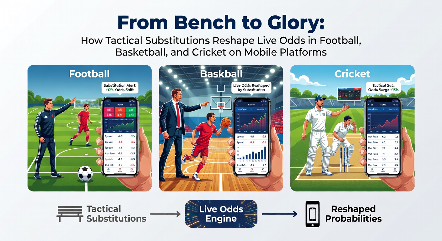 A football coach signals a substitution during a tense match, with players on the bench reacting as live odds flicker on a mobile screen nearby