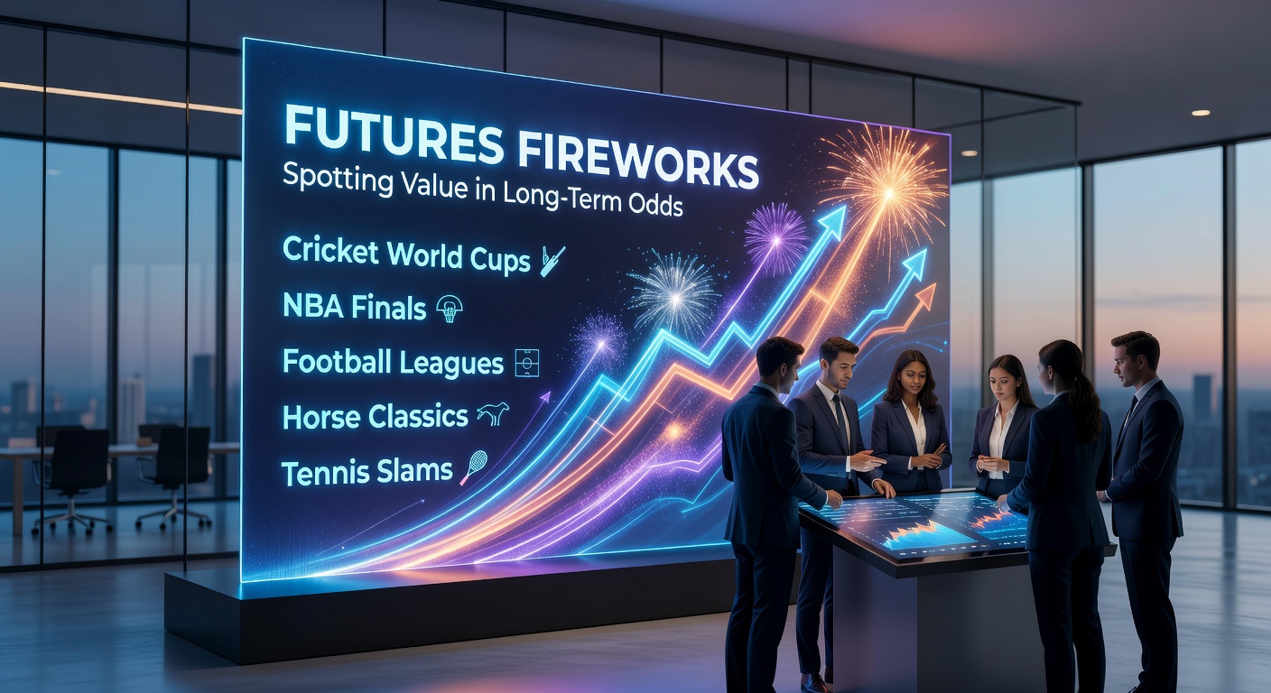 A vibrant display of futures betting odds boards highlighting major events like cricket World Cups and NBA Finals, with glowing charts showing long-term value opportunities