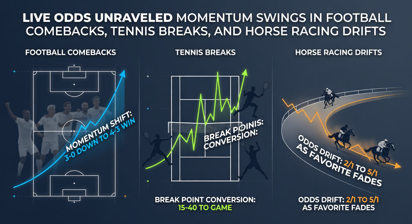 Tennis player celebrating a crucial break point, with overlaid live odds screen showing dramatic shift from 1.20 to 3.50 for the breaker
