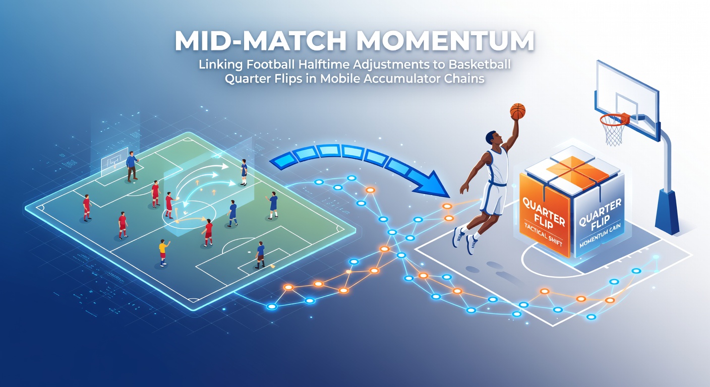 Dynamic graphic showing football halftime tactics board next to basketball quarter clock with rising odds arrows in a mobile app interface