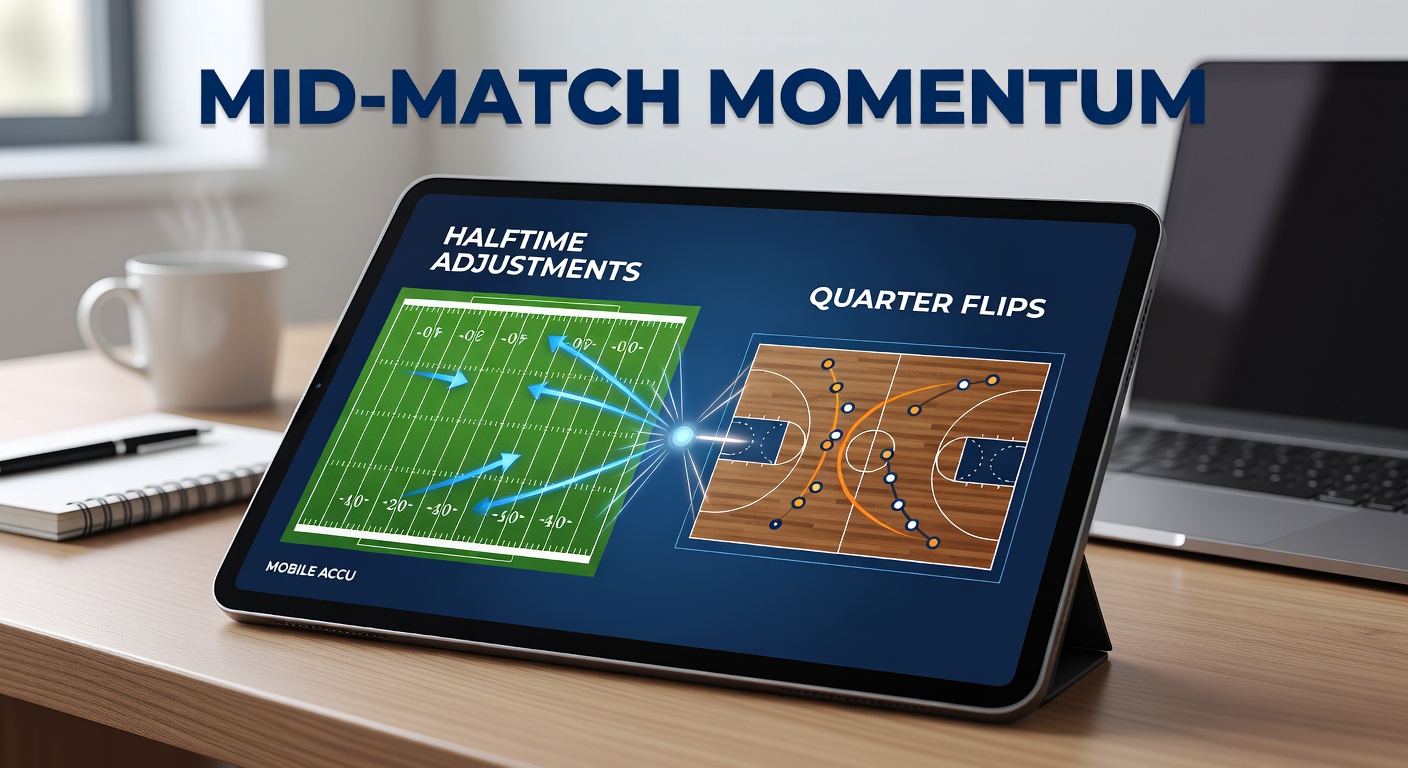 Split-screen visualization of a basketball team on a third-quarter run overlaid with football second-half goal celebration and mobile betting app odds updating in real time