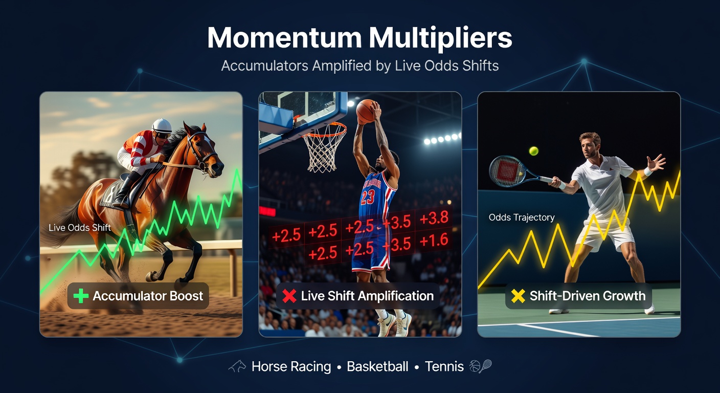 Horse racing scene with live odds display showing dramatic shifts during a momentum surge, overlaid with basketball and tennis action highlights