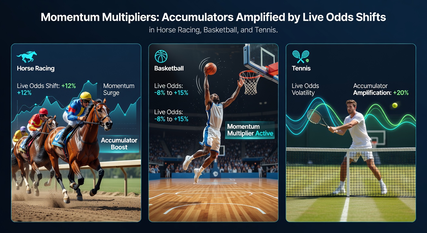 Dynamic basketball court action during a momentum run, with overlaid live odds screen capturing accumulator potential in tennis and horse racing contexts