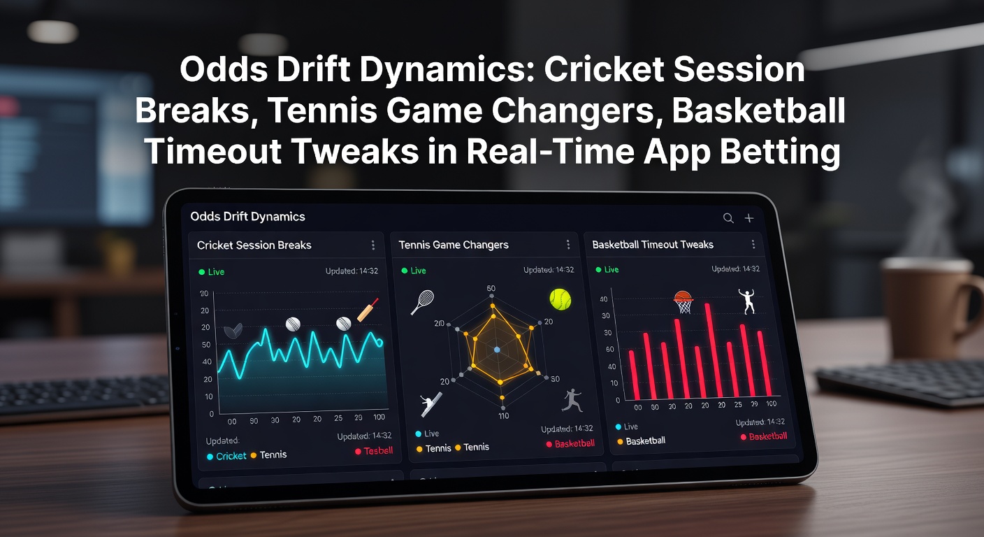 Real-time betting app screen showing shifting odds during a cricket session break, with graphs illustrating drift patterns in tennis and basketball matches