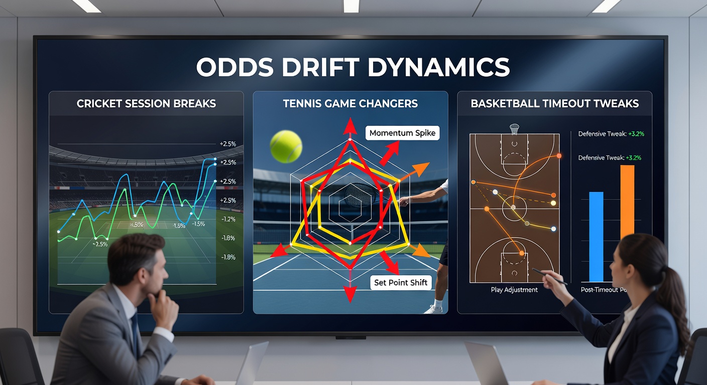Close-up of a tennis player serving during a crucial game, with overlaid betting app odds drifting live; inset shows basketball timeout huddle and cricket players during session break