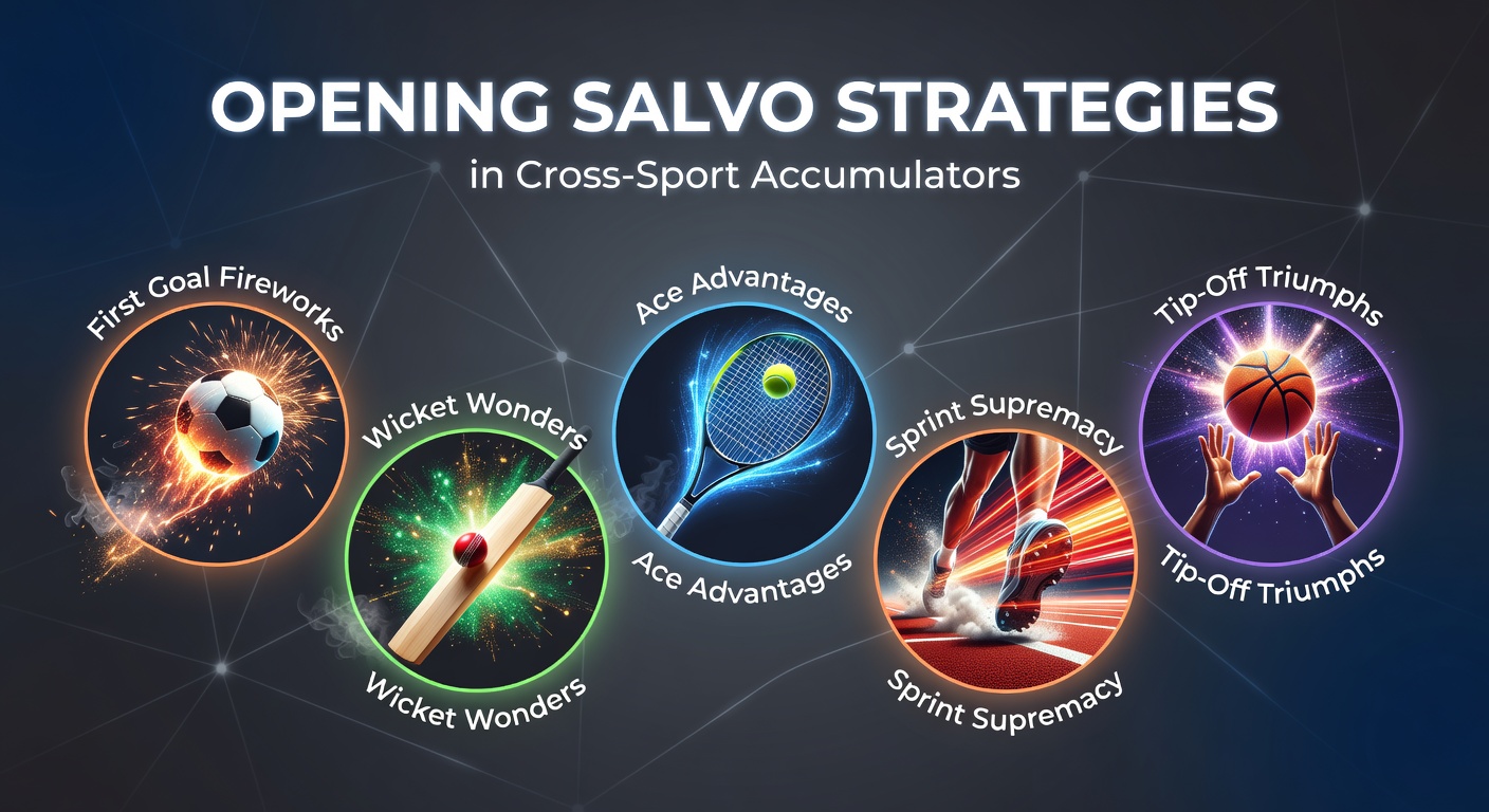 Dynamic collage capturing the thrill of opening moments across sports: a soccer player celebrating an early goal, a cricket bowler striking the stumps, a tennis server unleashing an ace, horses thundering from the gate in a sprint race, and basketball players leaping for the tip-off