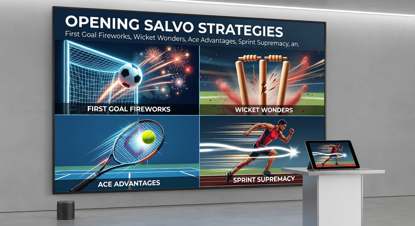Close-up action shots of a tennis ace blasting past the returner, intertwined with cricket stumps shattering and a horse sprinting ahead at the break, symbolizing early dominance in racket and bat-and-ball sports