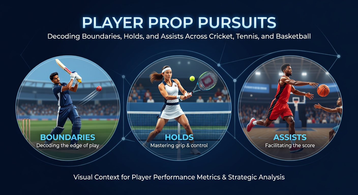 Split scene of a tennis server holding strong, a basketball assist in motion, and cricket boundary celebration, capturing cross-sport player prop action