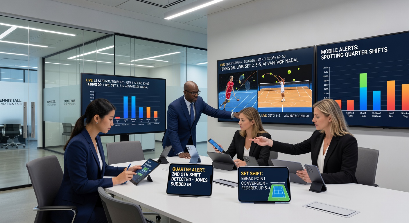 Tennis player serving during a tense quarterfinal set point, with overlaid graphics showing mobile alerts for odds changes on set betting markets