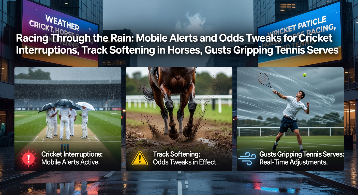Mobile betting app displaying live odds adjustments during a rain-delayed cricket match, with weather alerts popping up on screen