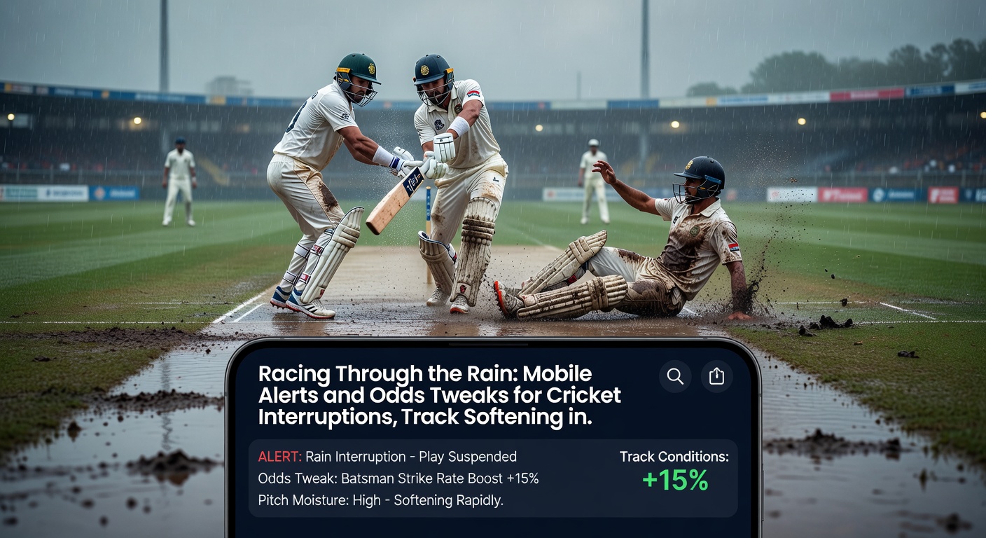 Horse racing track transforming from firm to soft under rain, with mobile app overlay showing odds lengthening for speed horses