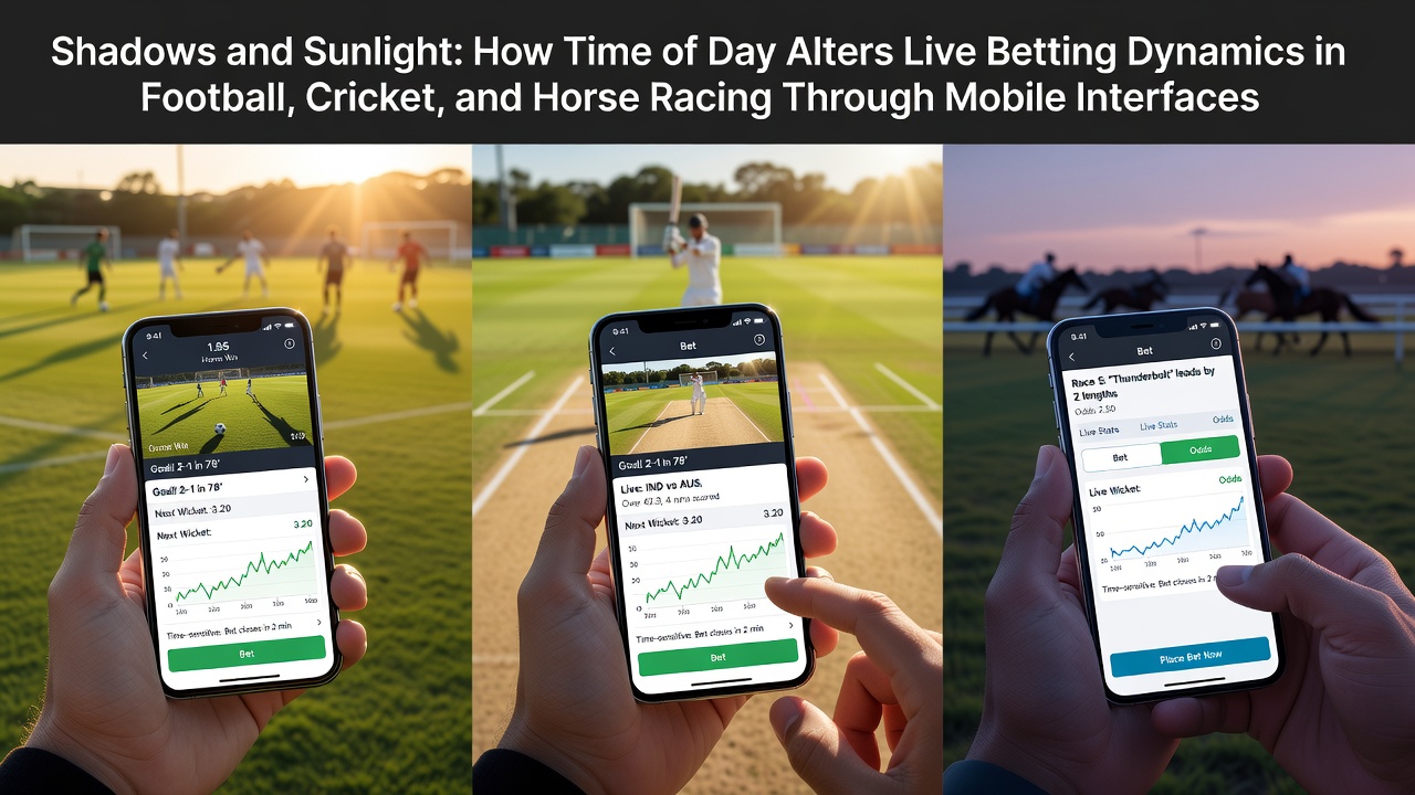 Mobile betting interface displaying live football odds with sunlight and shadow overlays on the pitch