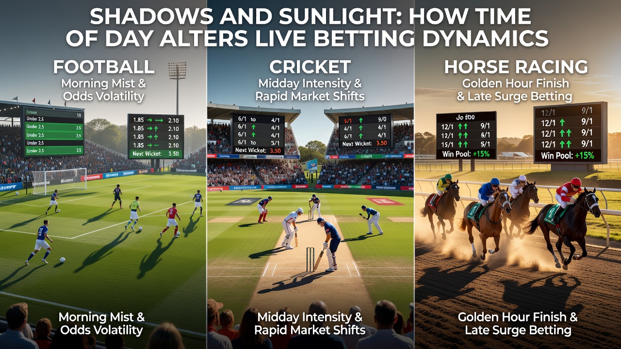 Cricket pitch at dusk showing elongated shadows across the wicket with live odds overlay on a mobile screen