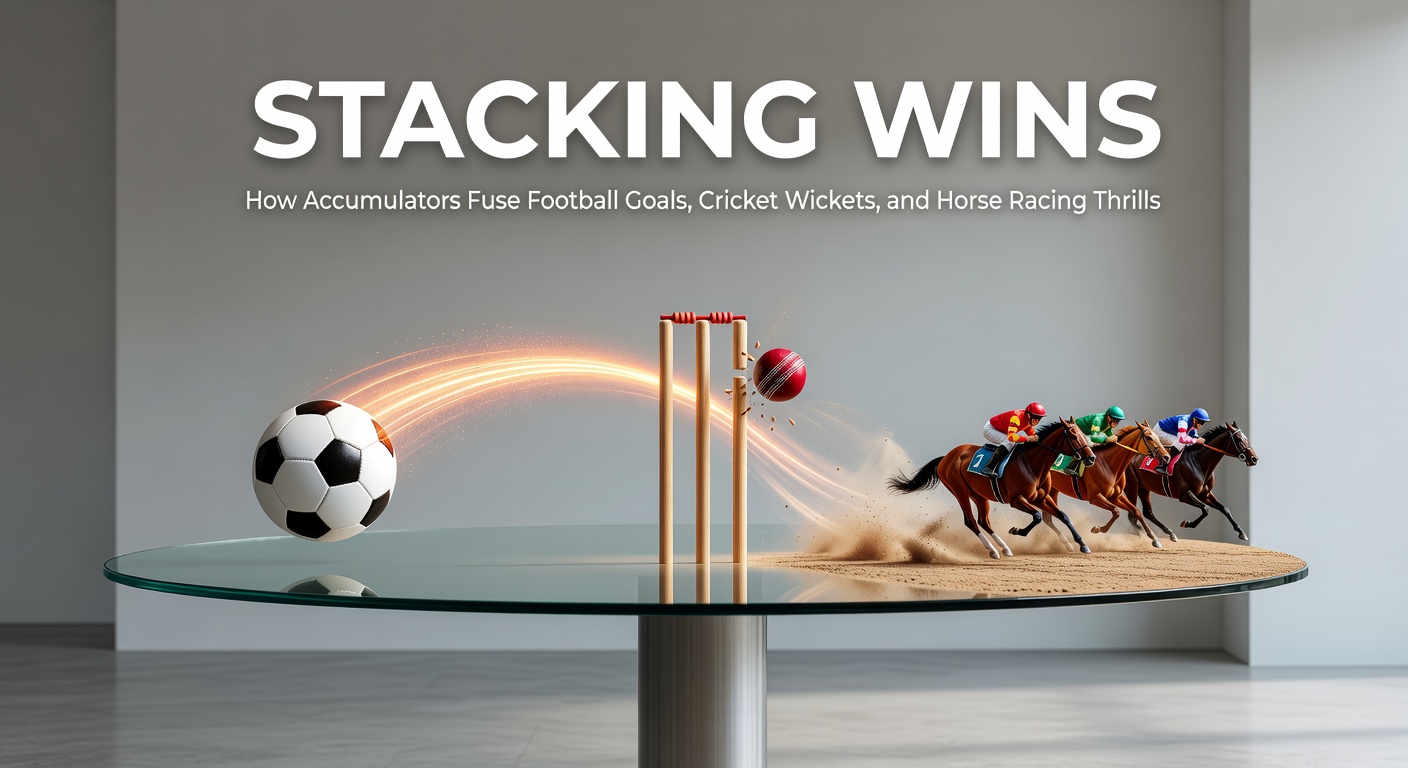 Visual representation of an accumulator bet slip combining football goals, cricket wickets, and horse racing winners, with multiplying odds highlighted