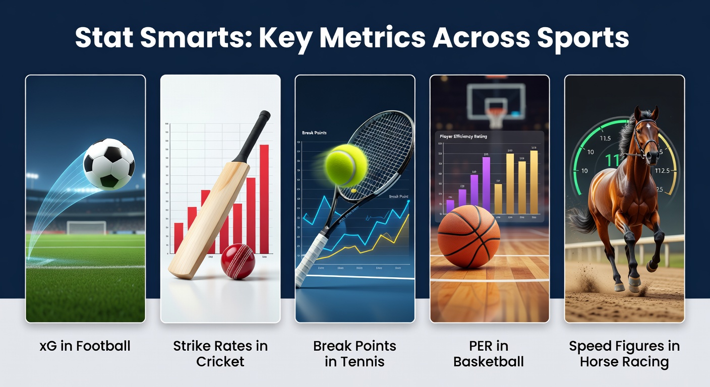 Collage of sports stats overlays: football xG heatmaps, cricket strike rate charts, tennis break point graphs, basketball PER leaderboards, and horse racing speed figure comparisons