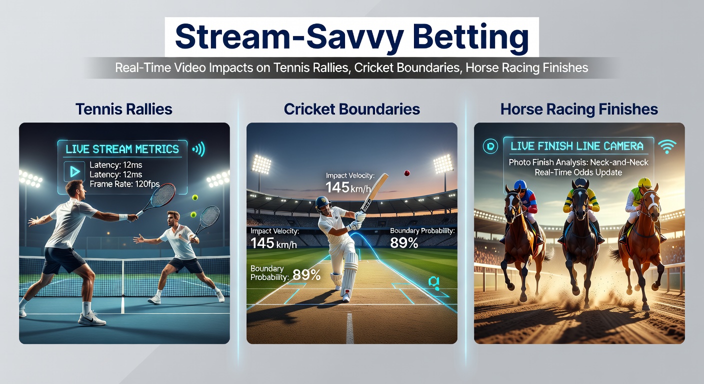Split-screen live stream capturing a tense tennis rally, a cricket boundary six, and a close horse racing photo finish