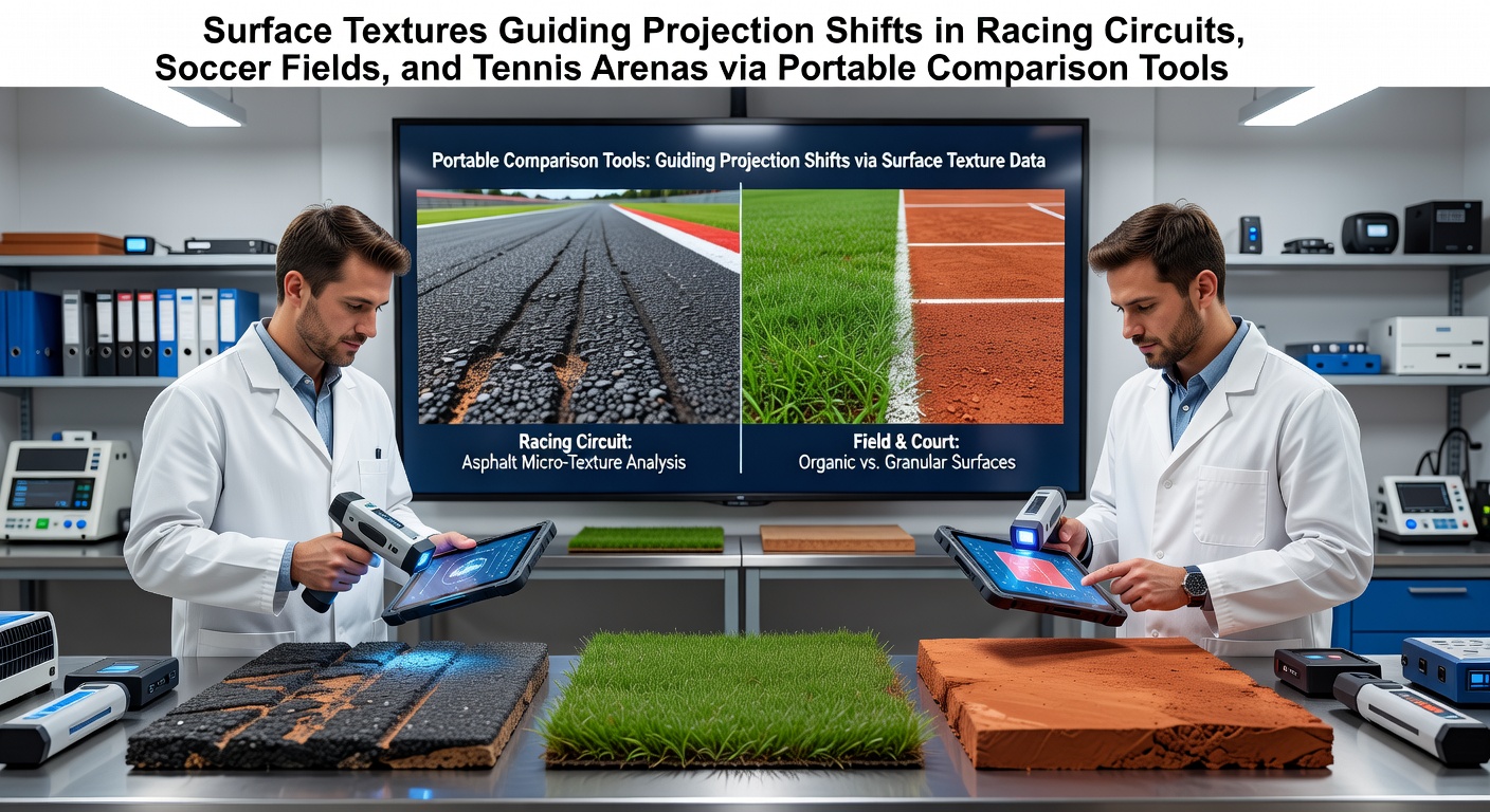 Portable comparison tools displaying surface texture data from racing circuits, soccer fields, and tennis courts side by side on a mobile interface