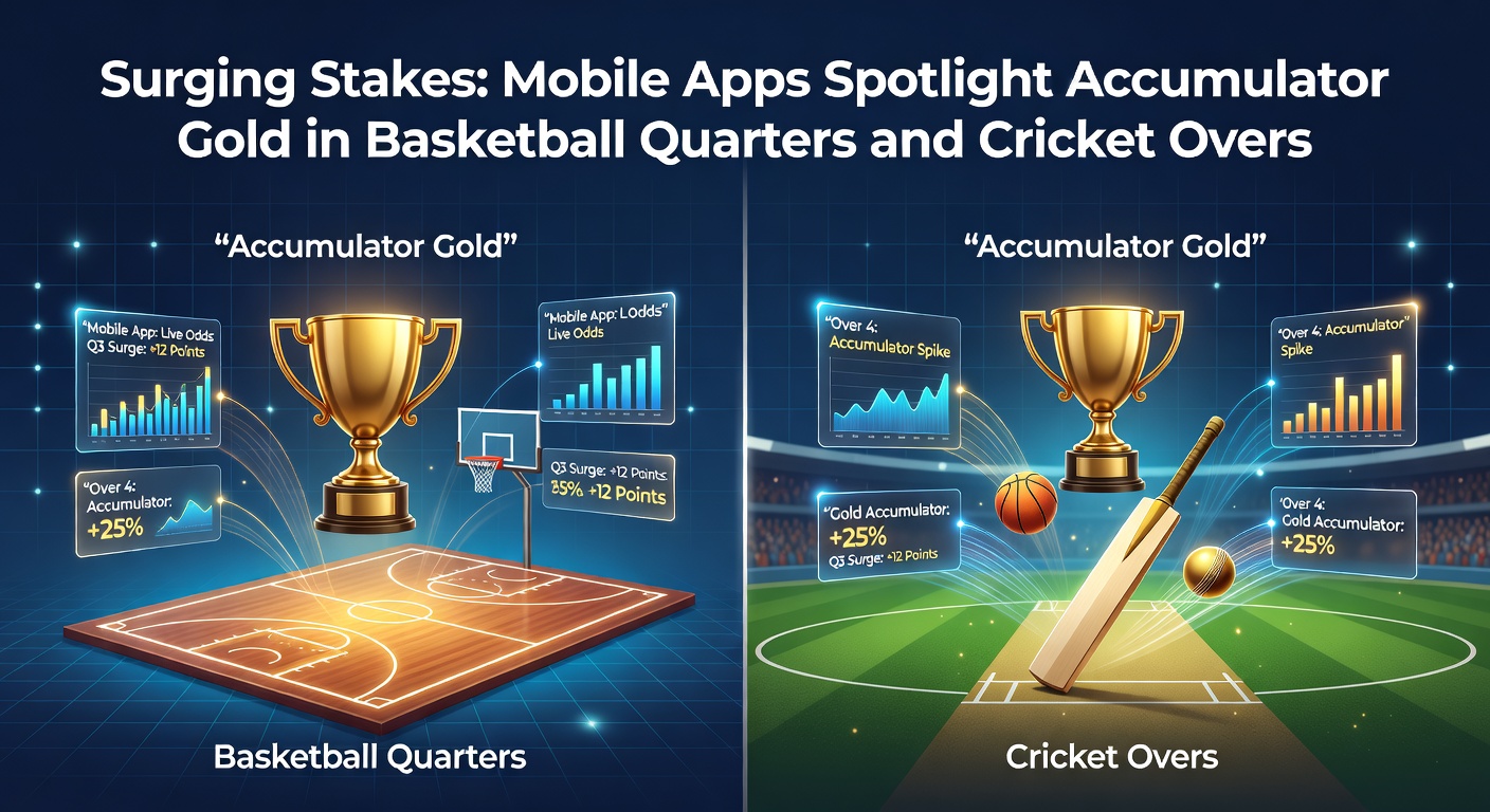 Mobile betting app displaying live accumulator odds for a basketball quarter and cricket over, with surging multipliers highlighted