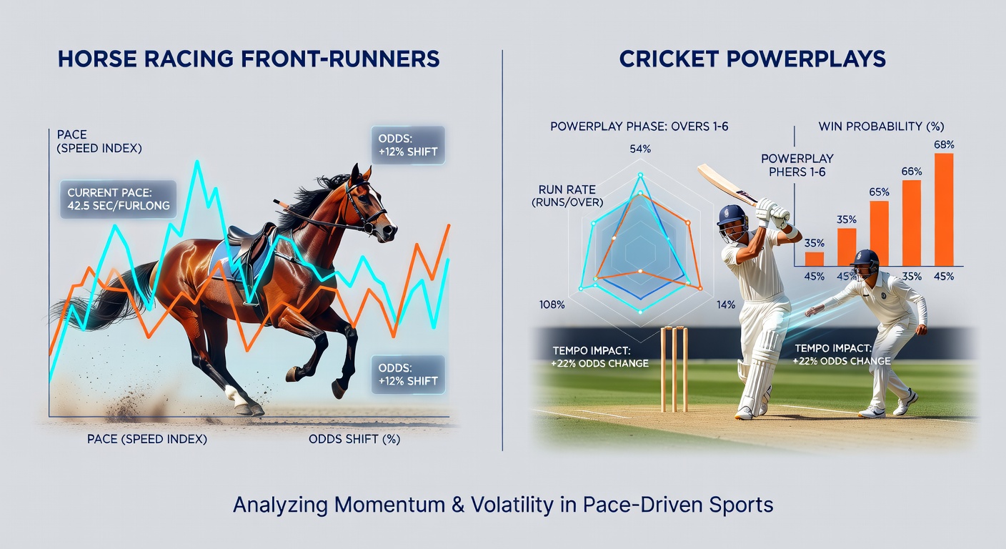 Mobile screen showing real-time odds shift for a horse racing front-runner pulling ahead early, with pace metrics highlighted