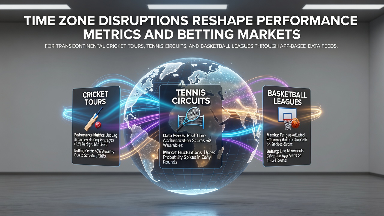 Athletes traveling across time zones with mobile betting apps displaying live performance data and odds updates