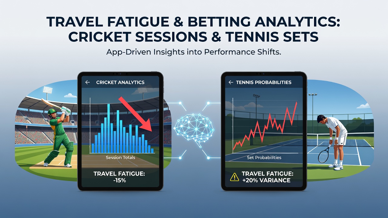 Mobile betting app interface showing cricket session totals and tennis set probabilities with travel fatigue indicators highlighted